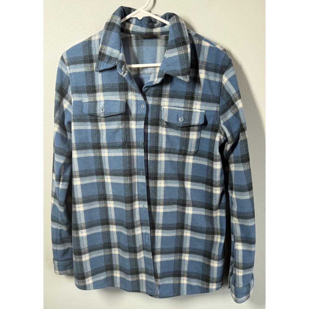 Eddie Bauer Womens Blue Plaid Fleece Button Up Shirt Flannel Sz L Outdoors Soft